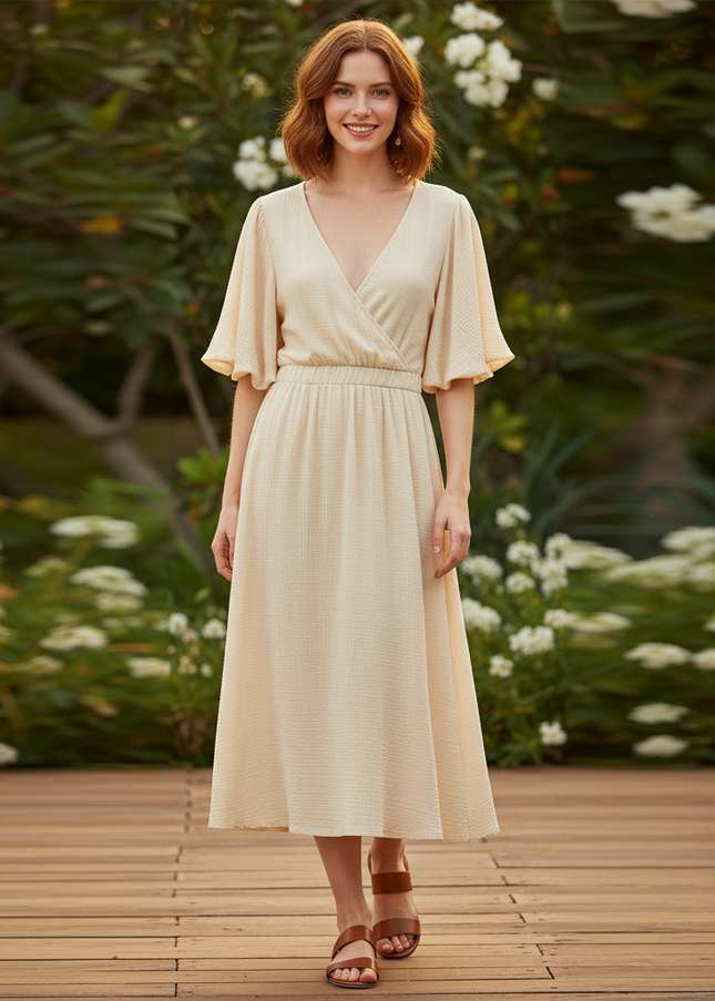 Musselin Kleid Kurz Creme Puffarmel - 100% Baumwolle - Ansicht 1