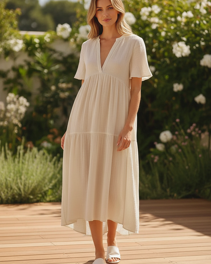 Musselin Kleid Kurz Creme - Klassisches Baumwollkleid - Ansicht 1