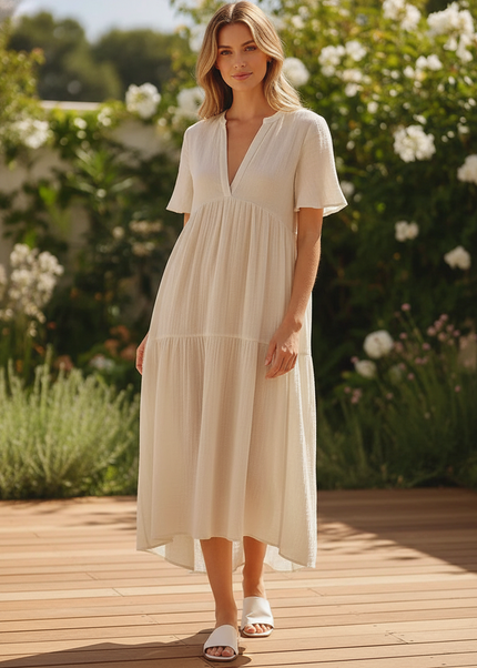 Musselin Kleid Kurz Creme - Klassisches Baumwollkleid - Ansicht 1