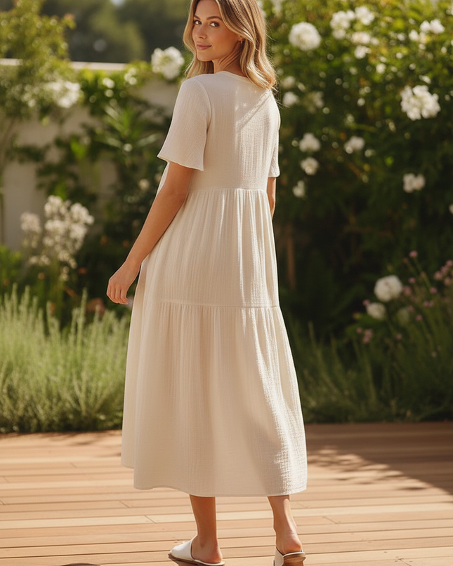 Musselin Kleid Kurz Creme - Klassisches Baumwollkleid - Ansicht 2