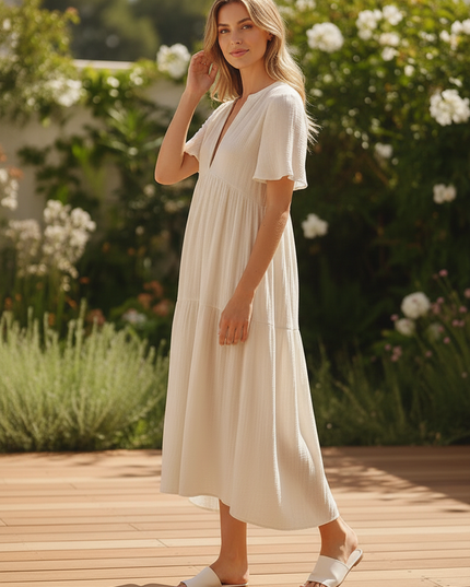 Musselin Kleid Kurz Creme - Klassisches Baumwollkleid - Ansicht 3
