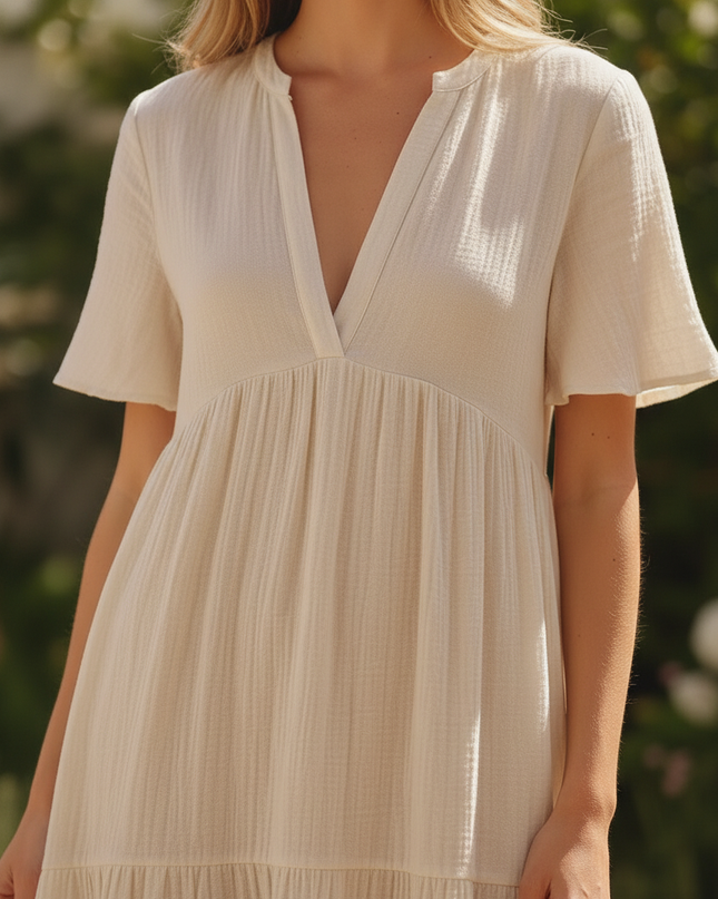 Musselin Kleid Kurz Creme - Klassisches Baumwollkleid - Ansicht 4