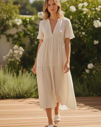 Musselin Kleid Kurz Creme - Klassisches Baumwollkleid - Ansicht 5