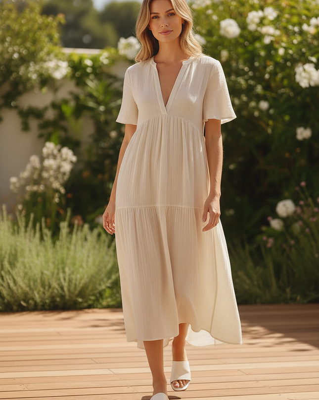 Musselin Kleid Kurz Creme - Klassisches Baumwollkleid - Ansicht 5