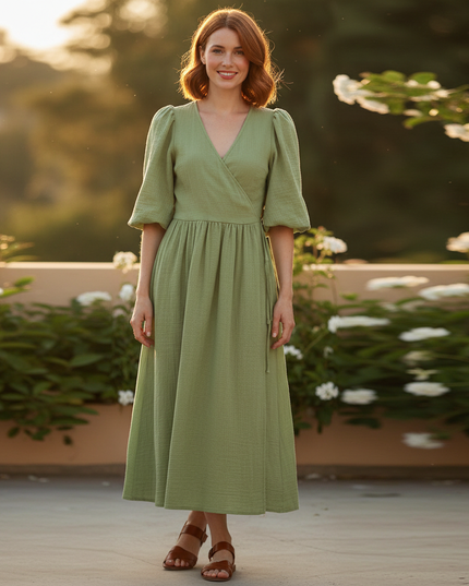 Musselin Kleid Kurz Dunkelgruen - Puffaermel Design - Ansicht 1