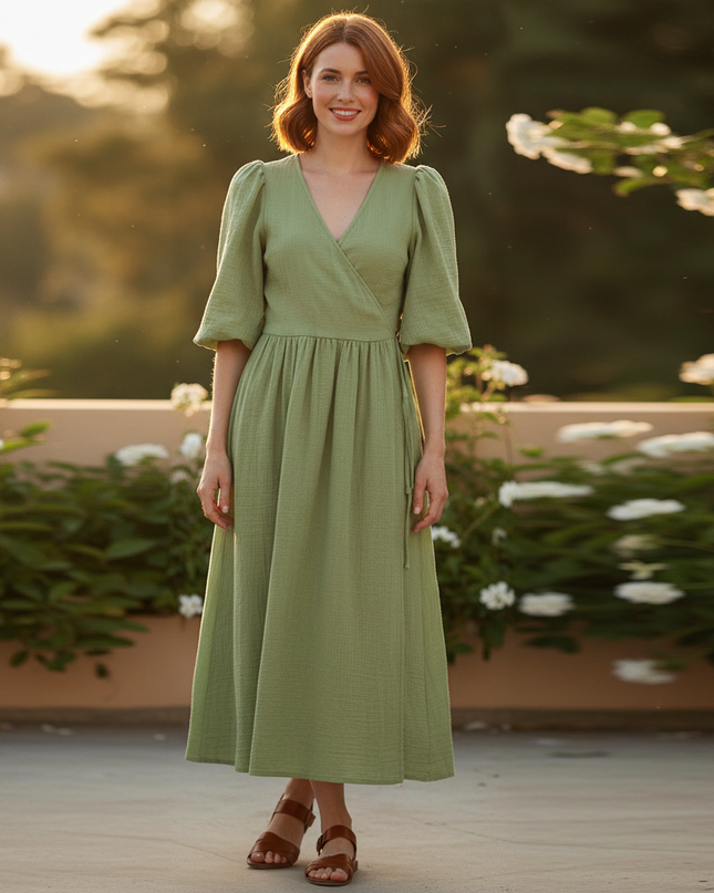 Musselin Kleid Kurz Dunkelgruen - Puffaermel Design - Ansicht 1