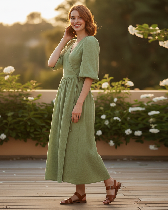 Musselin Kleid Kurz Dunkelgruen - Puffaermel Design - Ansicht 3