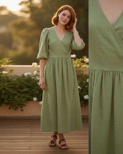 Musselin Kleid Kurz Dunkelgruen - Puffaermel Design - Ansicht 4