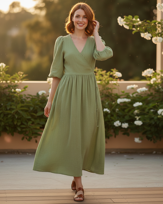 Musselin Kleid Kurz Dunkelgruen - Puffaermel Design - Ansicht 5