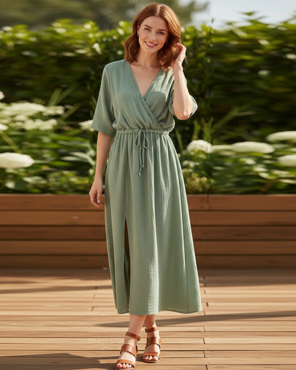 Musselin Kleid Kurz Elegant - Gruenes Halbarm-Kleid - Ansicht 1
