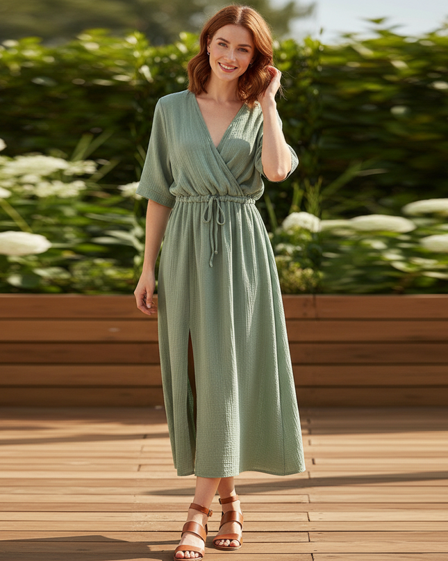 Musselin Kleid Kurz Elegant - Grünes Halbarm-Kleid - Ansicht 1