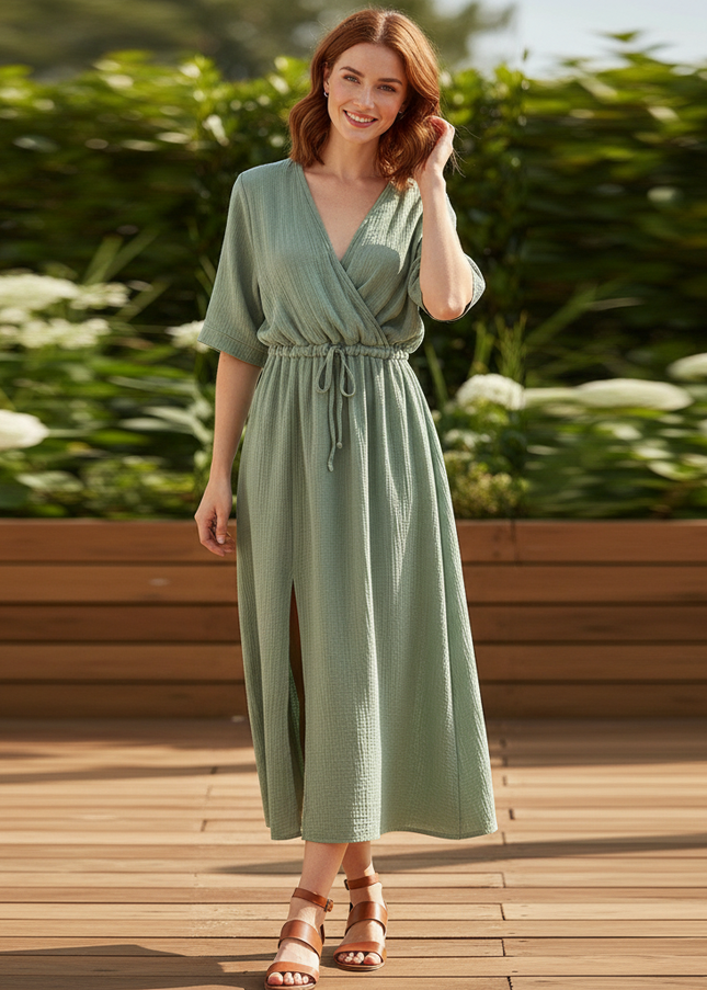 Musselin Kleid Kurz Elegant - Grünes Halbarm-Kleid - Ansicht 1