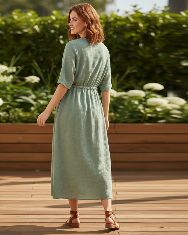 Musselin Kleid Kurz Elegant - Grünes Halbarm-Kleid - Ansicht 2