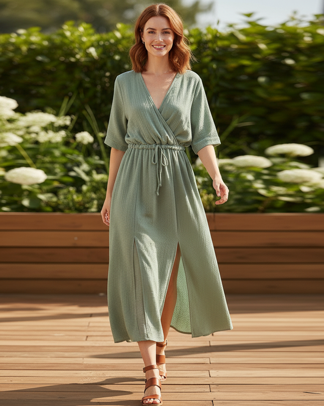 Musselin Kleid Kurz Elegant - Grünes Halbarm-Kleid - Ansicht 5