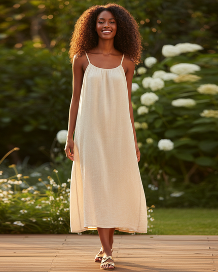 Musselin Kleid Kurz Floral - Beige Mini Traegerkleid - Ansicht 1
