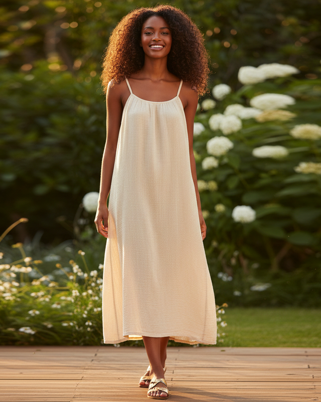 Musselin Kleid Kurz Floral - Beige Mini Traegerkleid - Ansicht 1