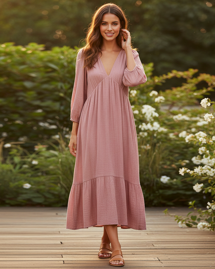 Musselin Kleid Kurz Gerueschelt - Rosa Langarm - Ansicht 1