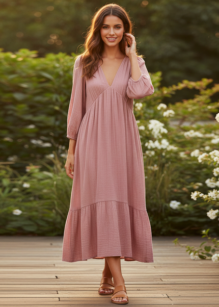 Musselin Kleid Kurz Gerueschelt - Rosa Langarm - Ansicht 1