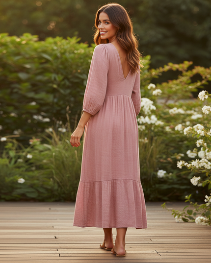 Musselin Kleid Kurz Gerueschelt - Rosa Langarm - Ansicht 2