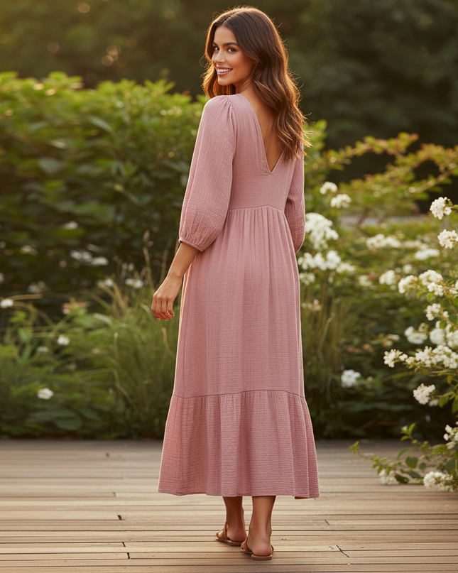 Musselin Kleid Kurz Gerueschelt - Rosa Langarm - Ansicht 2
