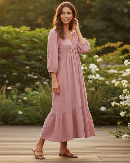 Musselin Kleid Kurz Gerueschelt - Rosa Langarm - Ansicht 3