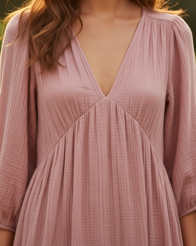 Musselin Kleid Kurz Gerueschelt - Rosa Langarm - Ansicht 4
