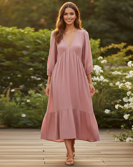 Musselin Kleid Kurz Gerueschelt - Rosa Langarm - Ansicht 5