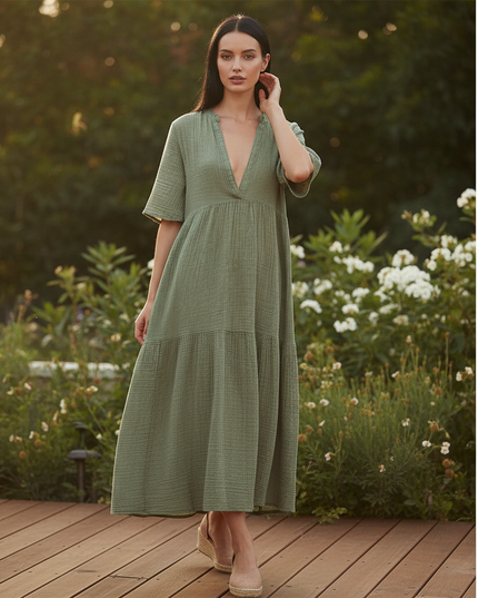 Musselin Kleid Kurz Gruen - Erdiges Sommerkleid - Ansicht 1