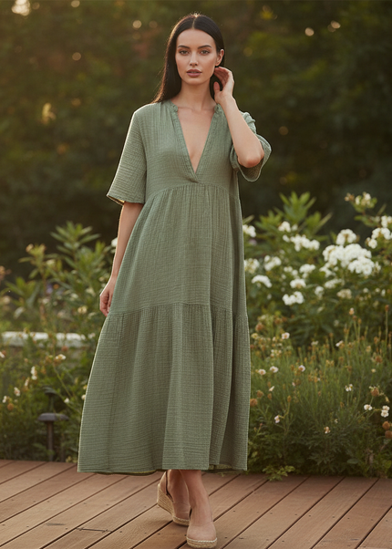 Musselin Kleid Kurz Gruen - Erdiges Sommerkleid - Ansicht 1