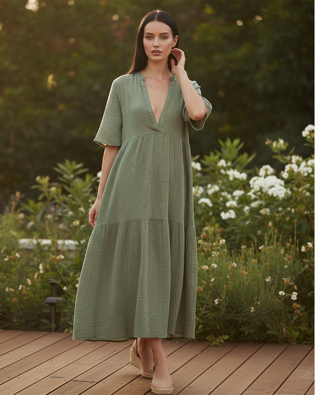 Musselin Kleid Kurz Gruen - Erdiges Sommerkleid - Ansicht 1