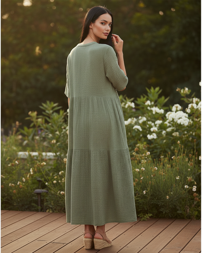 Musselin Kleid Kurz Gruen - Erdiges Sommerkleid - Ansicht 2