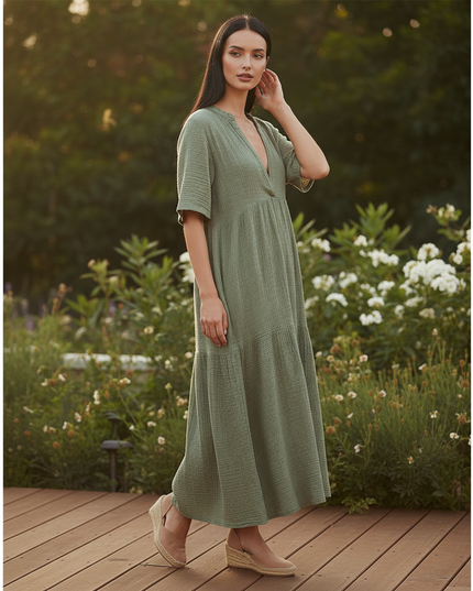 Musselin Kleid Kurz Gruen - Erdiges Sommerkleid - Ansicht 3