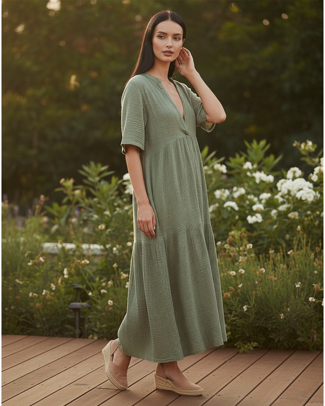 Musselin Kleid Kurz Gruen - Erdiges Sommerkleid - Ansicht 3