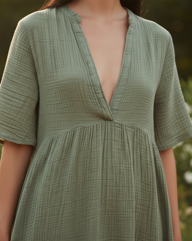 Musselin Kleid Kurz Gruen - Erdiges Sommerkleid - Ansicht 4