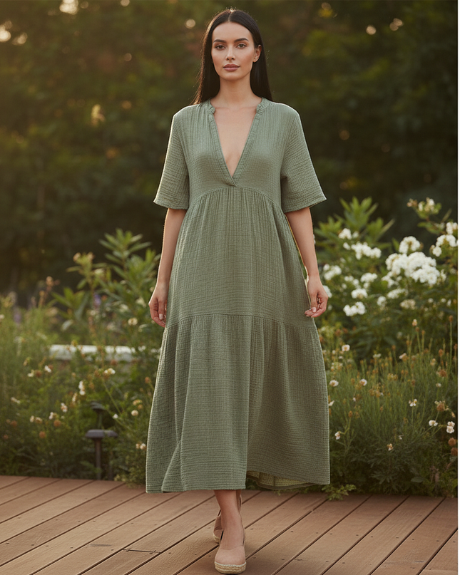 Musselin Kleid Kurz Gruen - Erdiges Sommerkleid - Ansicht 5