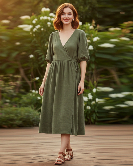 Musselin Kleid Kurz Gruen Puffarmel - Baumwolle Sommer - Ansicht 1