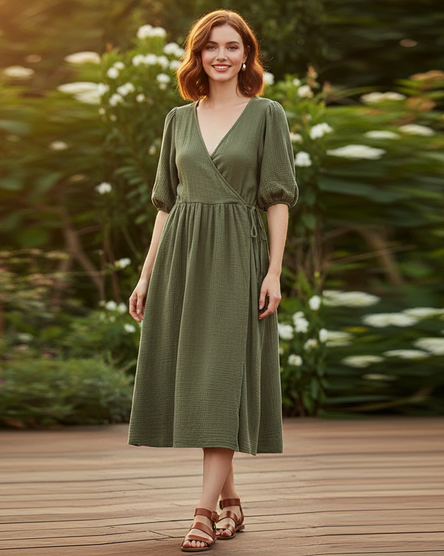 Musselin Kleid Kurz Gruen Puffarmel - Baumwolle Sommer - Ansicht 1