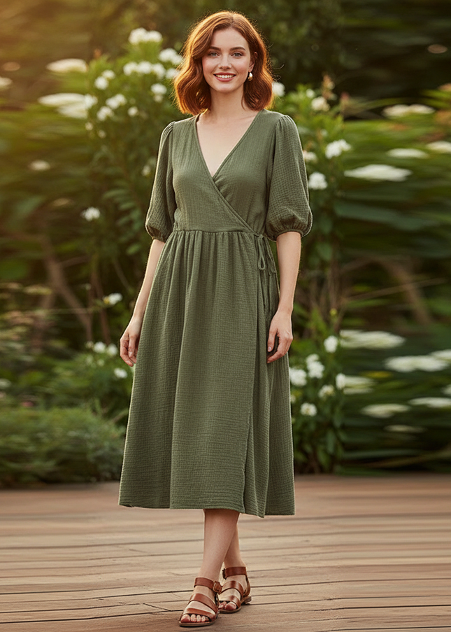 Musselin Kleid Kurz Gruen Puffarmel - Baumwolle Sommer - Ansicht 1