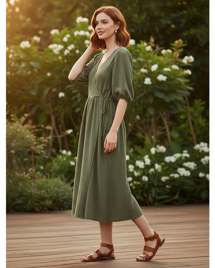 Musselin Kleid Kurz Gruen Puffarmel - Baumwolle Sommer - Ansicht 3