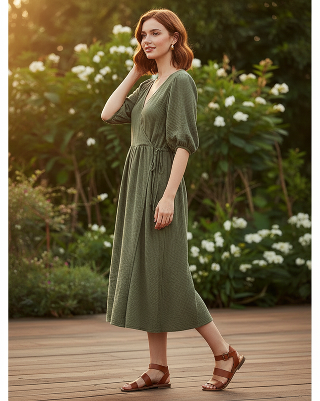 Musselin Kleid Kurz Gruen Puffarmel - Baumwolle Sommer - Ansicht 3