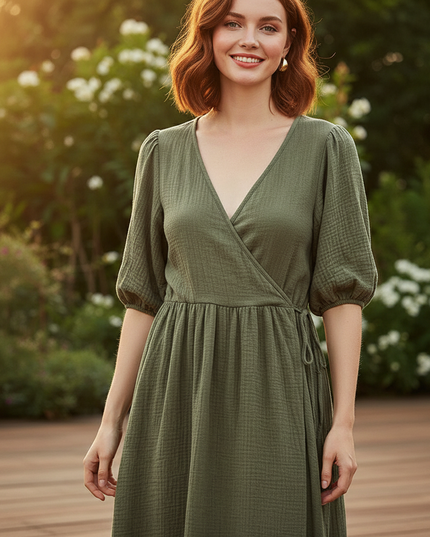 Musselin Kleid Kurz Gruen Puffarmel - Baumwolle Sommer - Ansicht 4