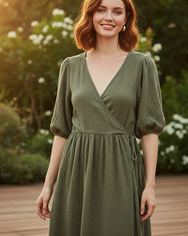 Musselin Kleid Kurz Gruen Puffarmel - Baumwolle Sommer - Ansicht 4