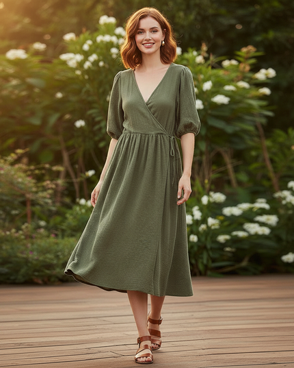 Musselin Kleid Kurz Gruen Puffarmel - Baumwolle Sommer - Ansicht 5