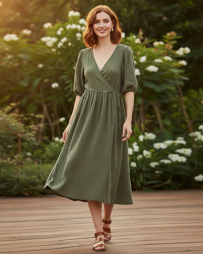 Musselin Kleid Kurz Gruen Puffarmel - Baumwolle Sommer - Ansicht 5