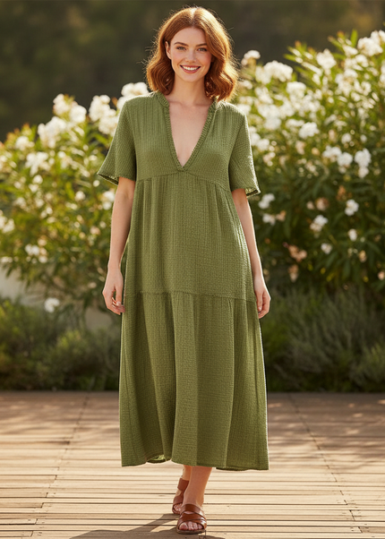 Musselin Kleid Kurz Gruen - Frisches Baumwollkleid - Ansicht 1