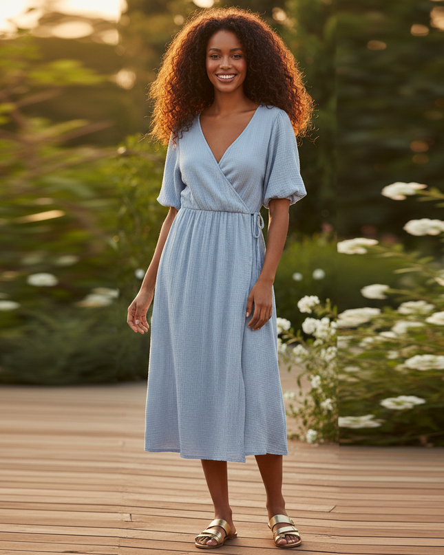Musselin Kleid Kurz Hellblau Puffarmel - Baumwolle Sommer - Ansicht 3