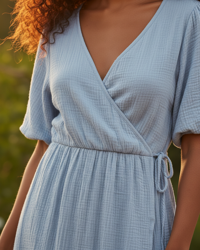 Musselin Kleid Kurz Hellblau Puffarmel - Baumwolle Sommer - Ansicht 4