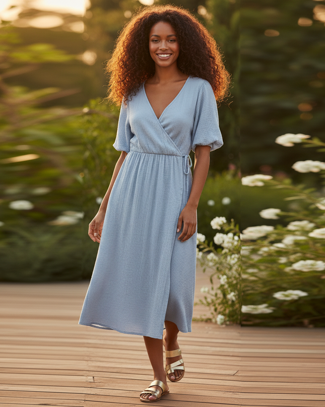 Musselin Kleid Kurz Hellblau Puffarmel - Baumwolle Sommer - Ansicht 5