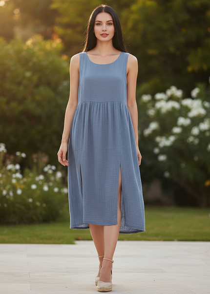 Musselin Kleid Kurz Hellblau - Boho Spaghetti Traeger - Ansicht 1
