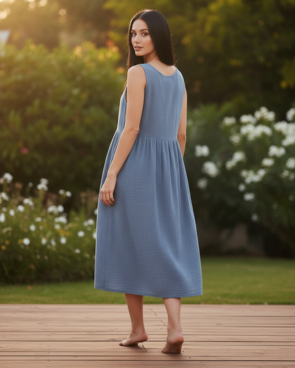 Musselin Kleid Kurz Hellblau - Boho Spaghetti Traeger - Ansicht 2